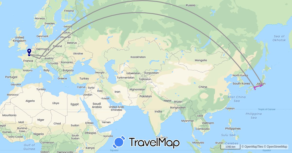 TravelMap itinerary: driving, plane, train in Switzerland, Germany, France, Japan (Asia, Europe)